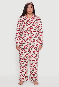 Womens Plus Size Cherry Print Pajama Top and Pants with Sleep Mask, Beige, Size 2X
