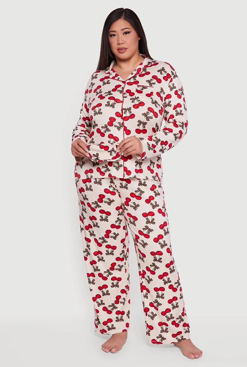 Womens Plus Size Cherry Print Pajama Top and Pants with Sleep Mask, Beige, Size 2X