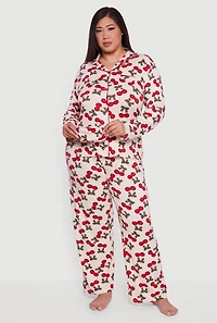 Womens Plus Size Cherry Print Pajama Top and Pants with Sleep Mask, Beige, Size 2X