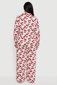 Womens Plus Size Cherry Print Pajama Top and Pants with Sleep Mask, Beige, Size 2X