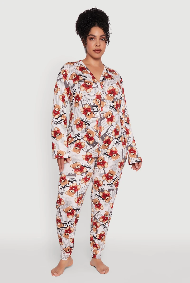 Womens Plus Size Newspaper Teddy Bear Graphic Pajama Onesie, Multi, Size 3X
