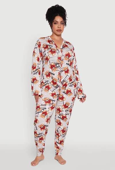 Womens Plus Size Newspaper Teddy Bear Graphic Pajama Onesie, Multi, Size 3X