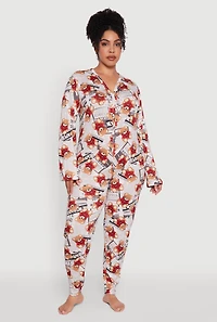 Womens Plus Size Newspaper Teddy Bear Graphic Pajama Onesie, Multi, Size 3X