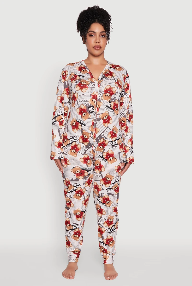 Womens Plus Size Newspaper Teddy Bear Graphic Pajama Onesie, Multi, Size 2X