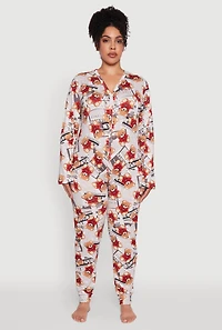 Womens Plus Size Newspaper Teddy Bear Graphic Pajama Onesie, Multi, Size 2X