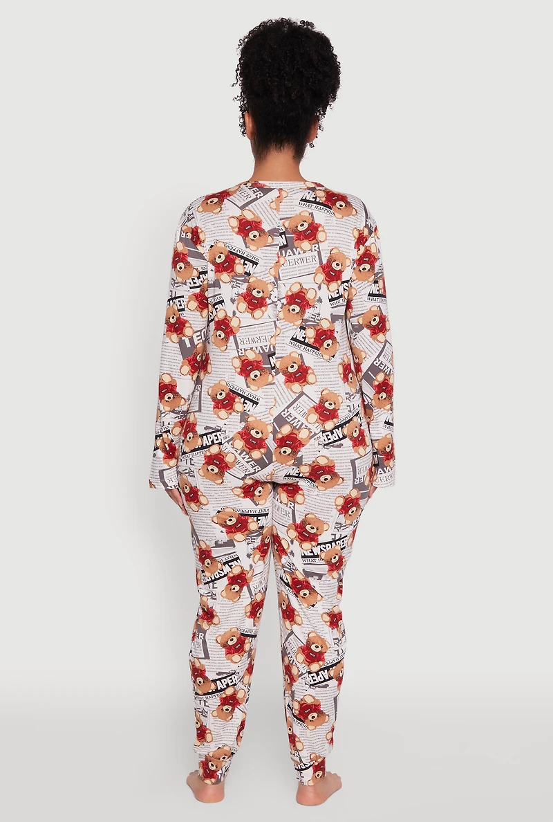 Womens Plus Size Newspaper Teddy Bear Graphic Pajama Onesie, Multi, Size 3X
