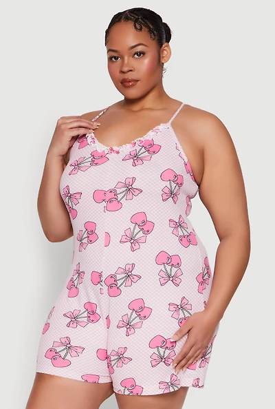 Womens Plus Size Checkered Cherry Graphic Pajama Romper, Pink, Size 1X