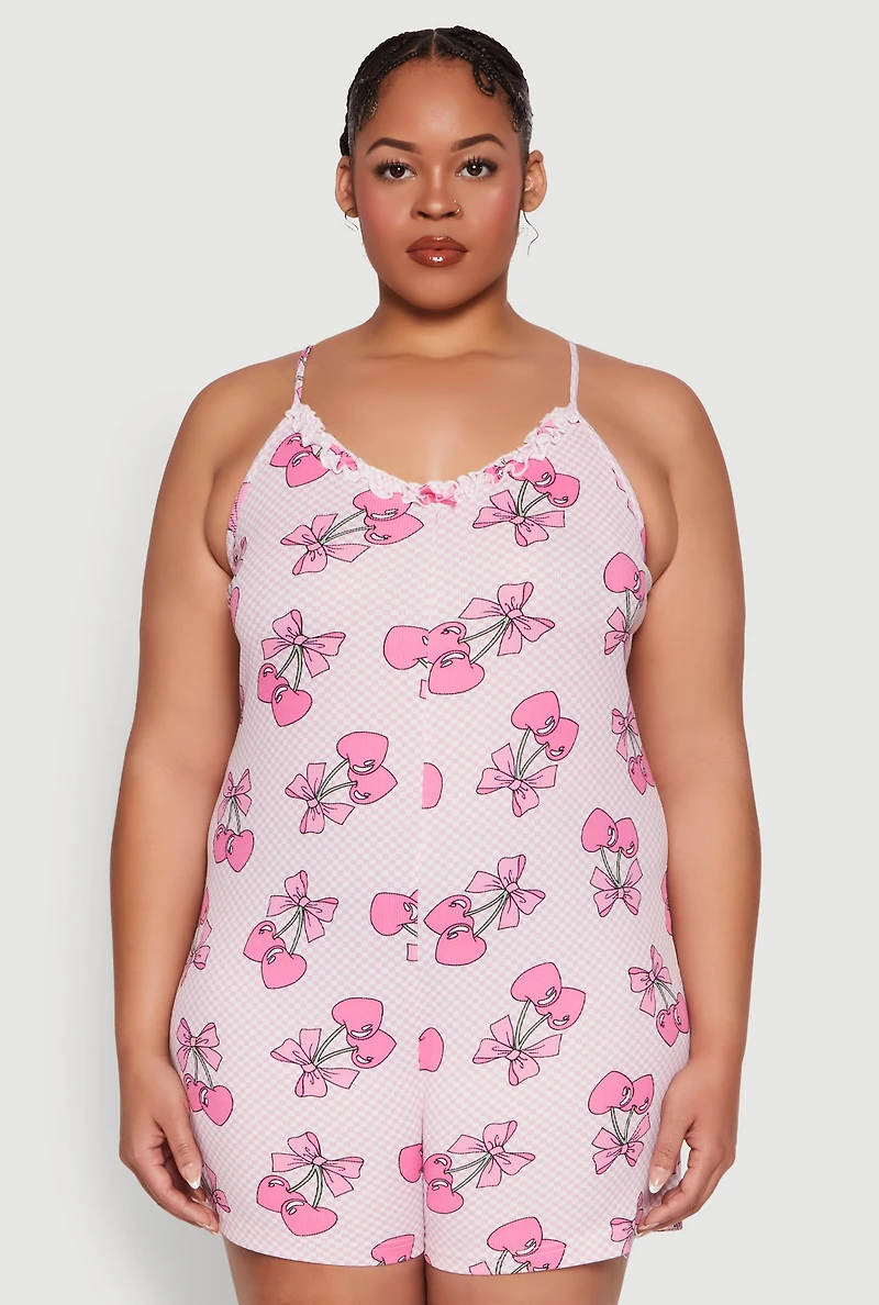 Womens Plus Size Checkered Cherry Graphic Pajama Romper, Pink, Size 2X