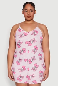 Womens Plus Size Checkered Cherry Graphic Pajama Romper, Pink, Size 2X