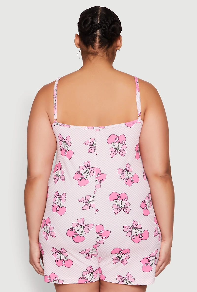 Womens Plus Size Checkered Cherry Graphic Pajama Romper, Pink, Size 2X
