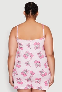 Womens Plus Size Checkered Cherry Graphic Pajama Romper, Pink, Size 2X