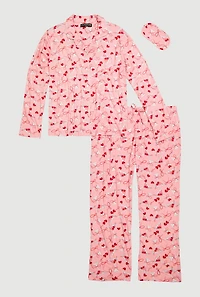 Womens Plus Martini Graphic Pajama Top and Pants with Sleep Mask, Pink,