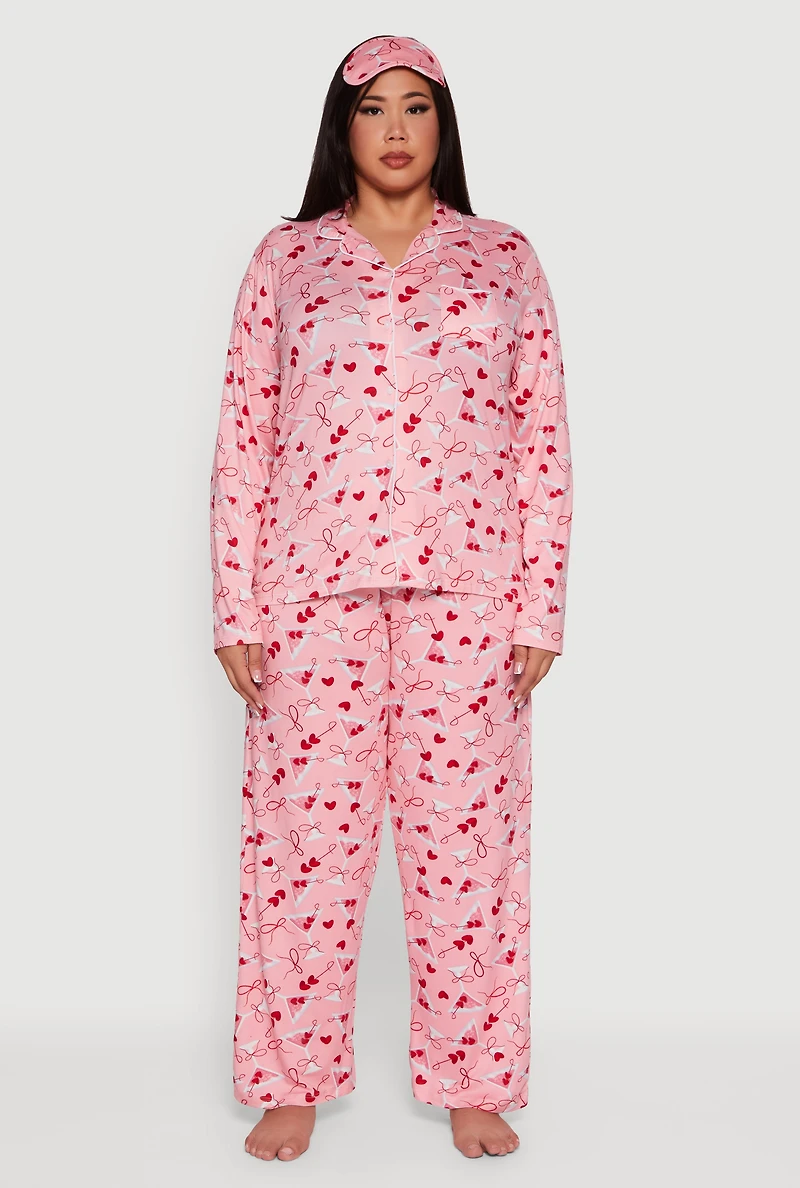 Plus Martini Graphic Pajama Top and Pants with Sleep Mask