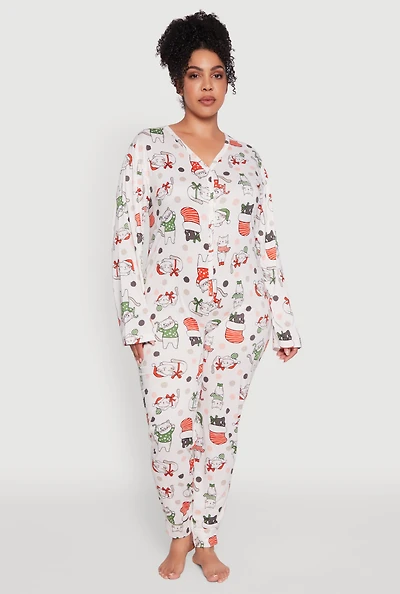 Plus Polka Dot Cat Graphic Pajama Onesie