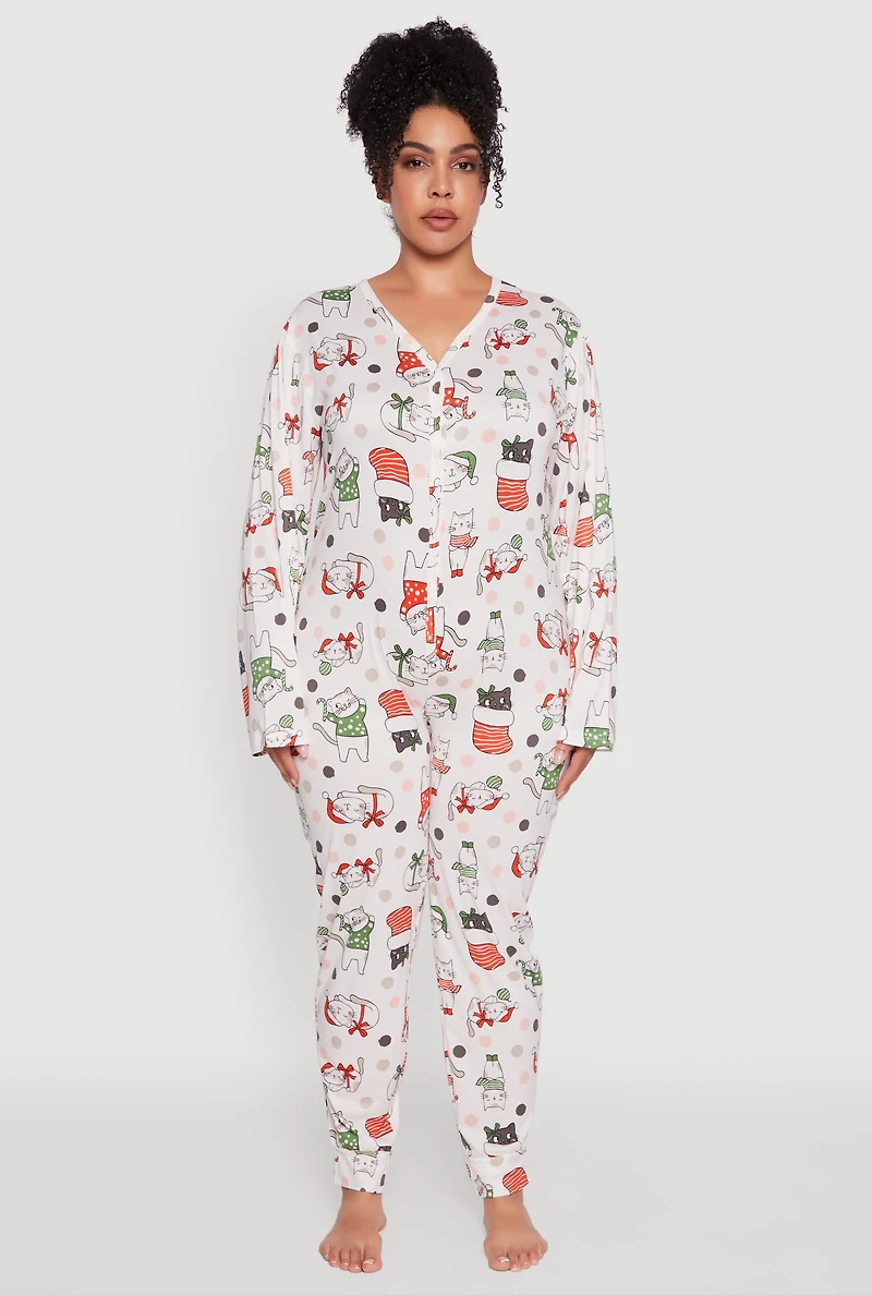 Plus Polka Dot Cat Graphic Pajama Onesie