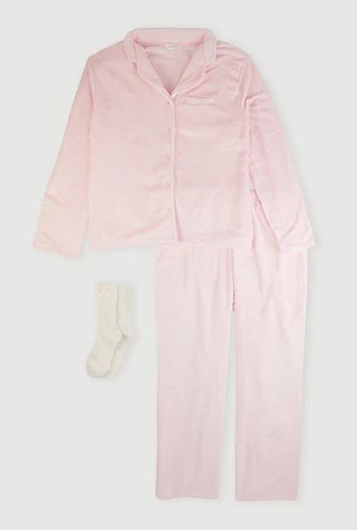 Plus Size Patterned Plush Pajama and Pants with Socks Set, Pink, Size 1X