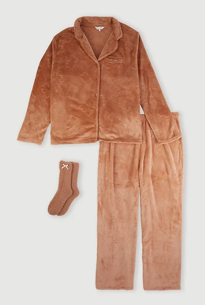 Plus Size Plush Notch Collar Pajama Top and Pants Gift Set, Brown, Size 3X