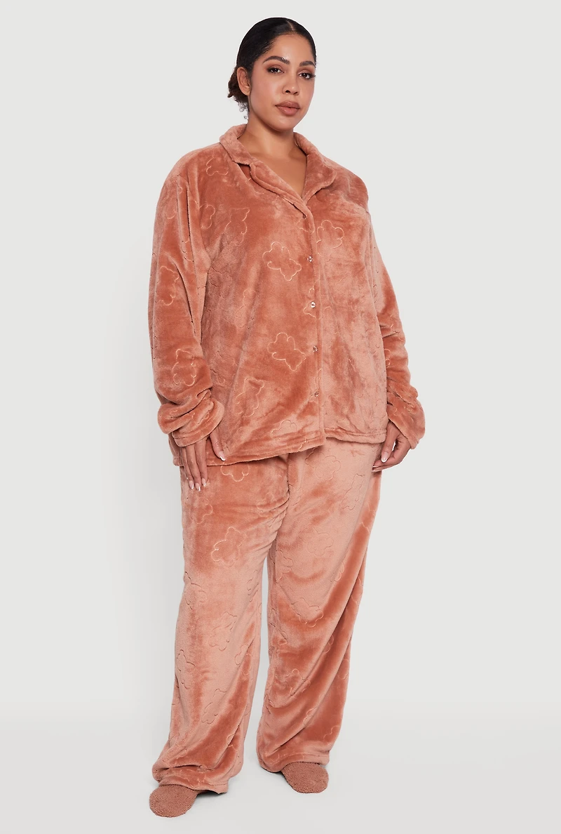 Plus Plush Notch Collar Pajama Top and Pants Gift Set
