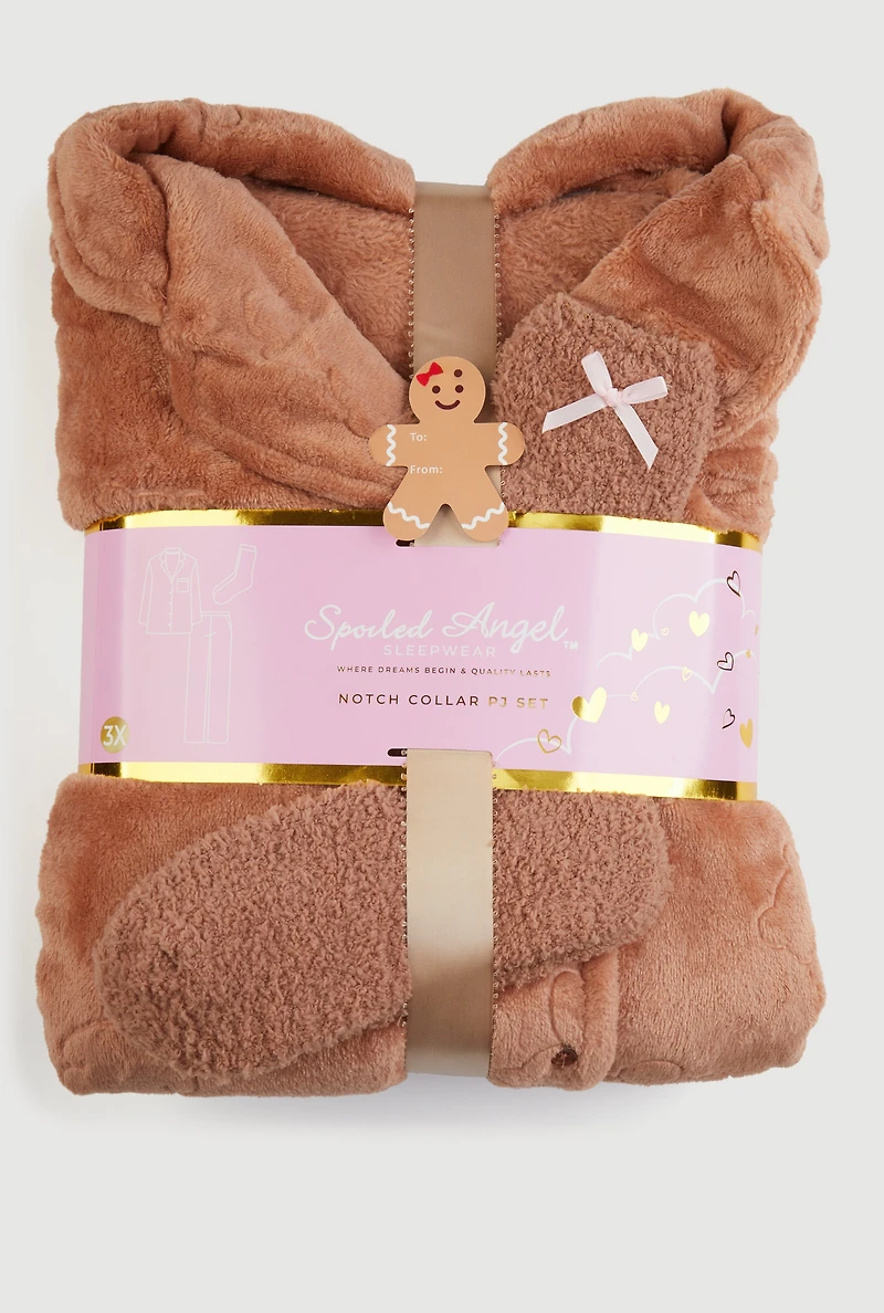 Plus Plush Notch Collar Pajama Top and Pants Gift Set