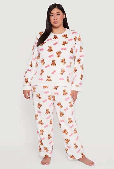 Womens Plus Teddy Bear Bow Print Pajama Top and Pants, Beige,