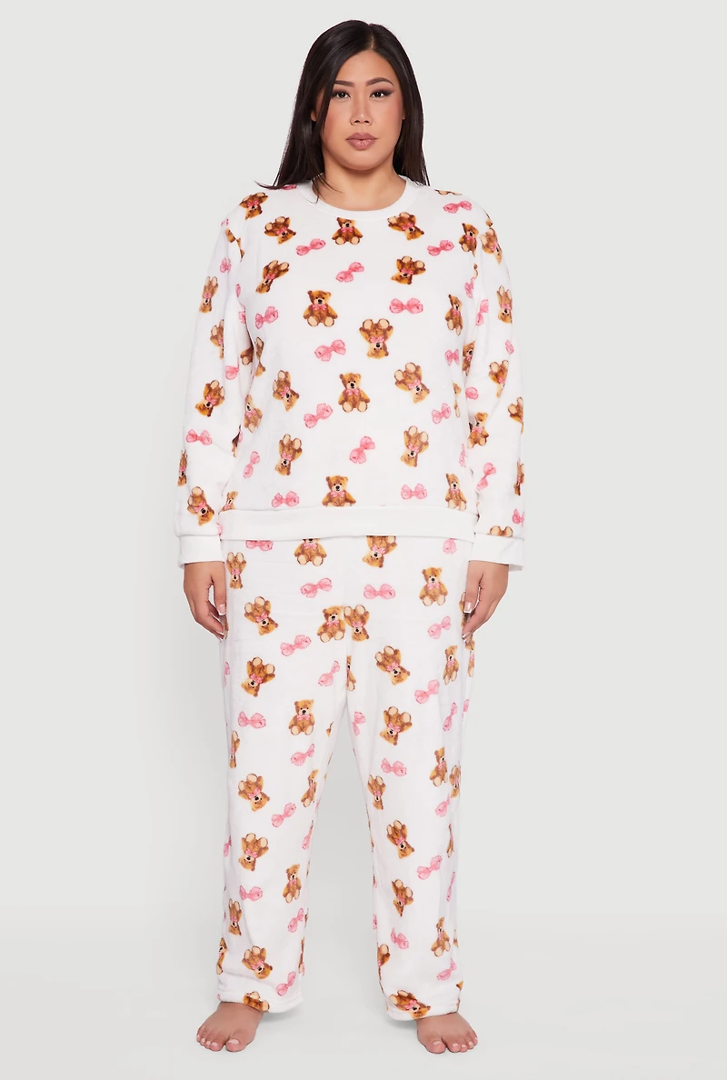 Womens Plus Teddy Bear Bow Print Pajama Top and Pants, Beige,