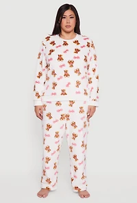 Womens Plus Teddy Bear Bow Print Pajama Top and Pants, Beige,