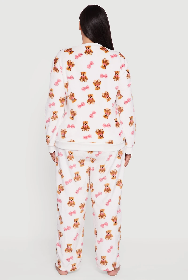Womens Plus Teddy Bear Bow Print Pajama Top and Pants, Beige,