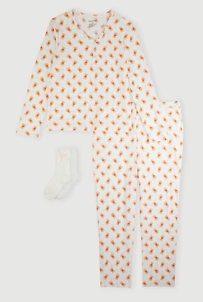 Plus Size Teddy Bear Waffle Knit Henley Pajama Gift Set, White, Size 3X