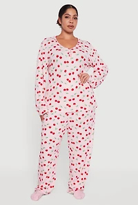 Plus Size Cherry Print Waffle Knit Henley Pajama Gift Set, Pink, Size 1X