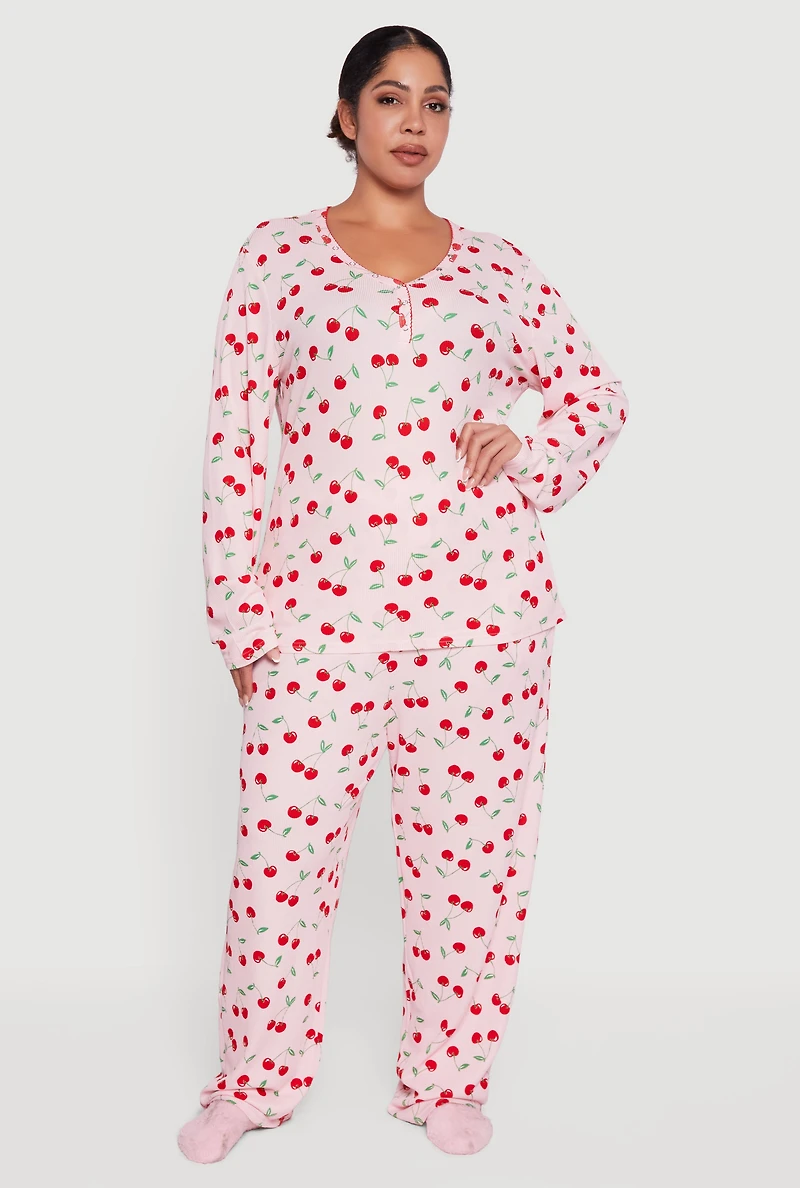 Plus Cherry Print Waffle Knit Henley Pajama Gift Set