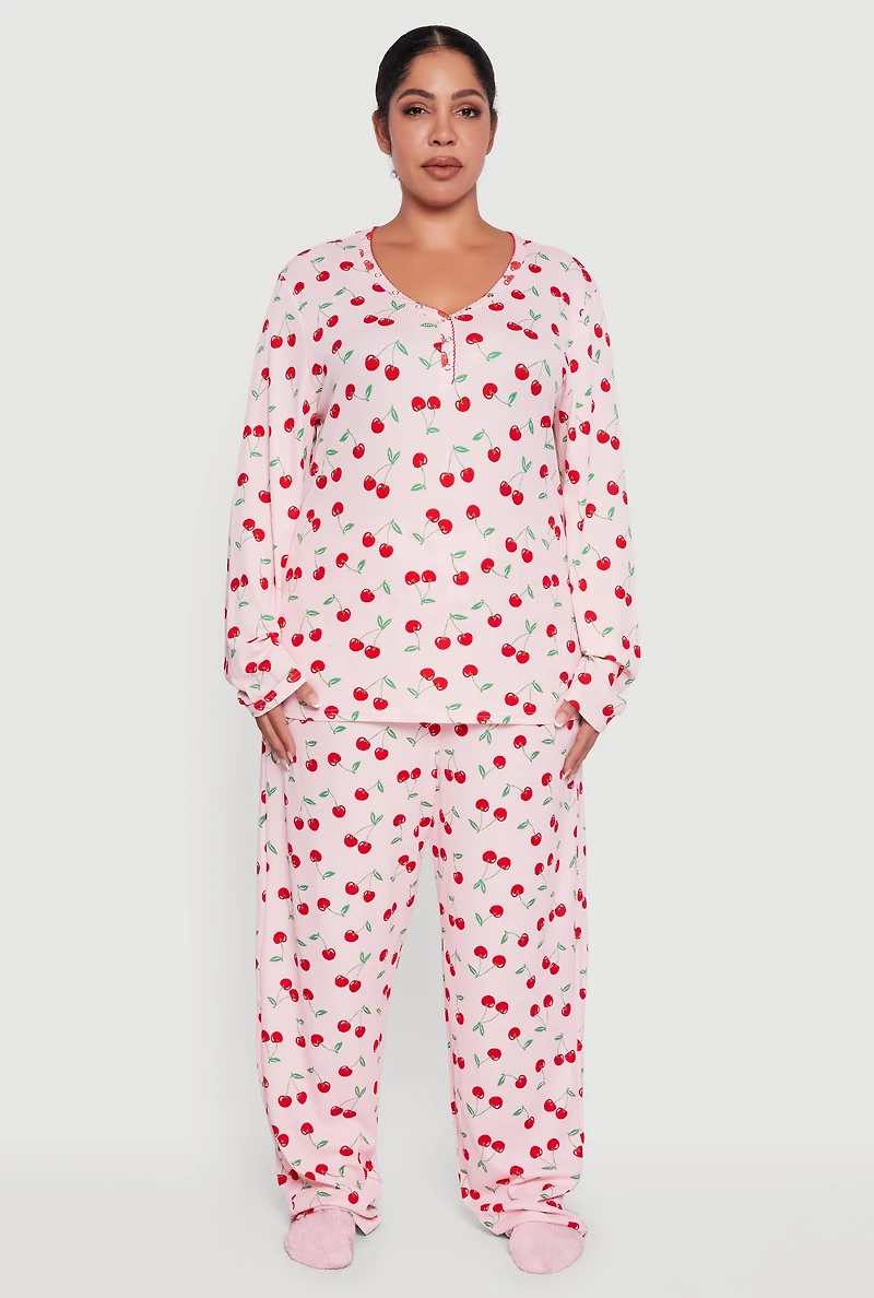 Plus Cherry Print Waffle Knit Henley Pajama Gift Set