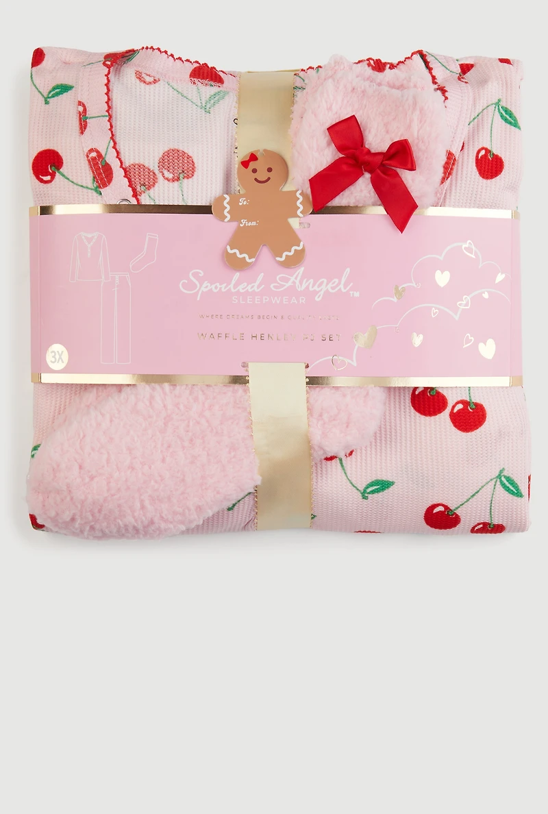 Plus Size Cherry Print Waffle Knit Henley Pajama Gift Set, Pink, Size 1X
