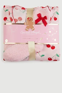 Plus Size Cherry Print Waffle Knit Henley Pajama Gift Set, Pink, Size 1X