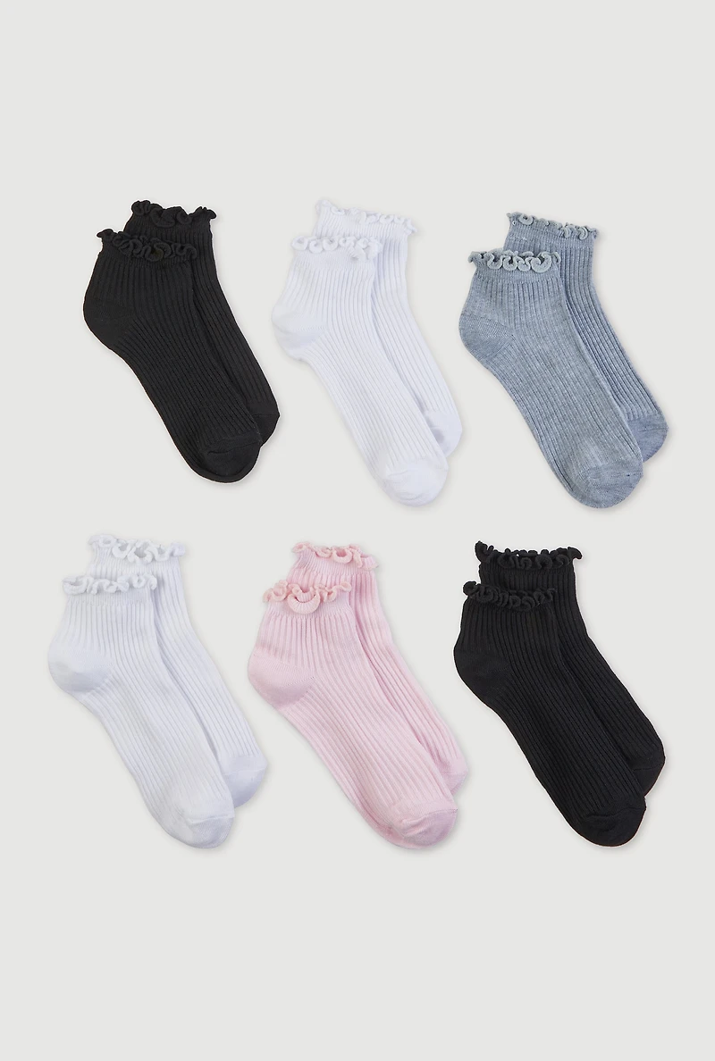 Ribbed Knit Quarter Socks 6 Pairs 4-10