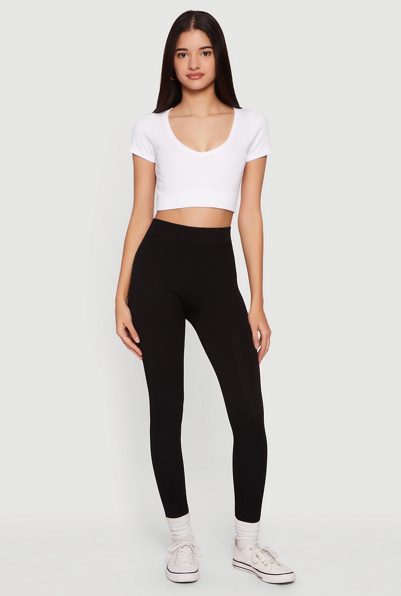 High Waisted Ribbed Knit Cropped Leggings