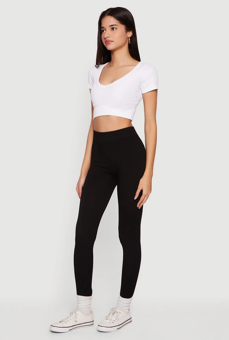 High Waisted Ribbed Knit Cropped Leggings