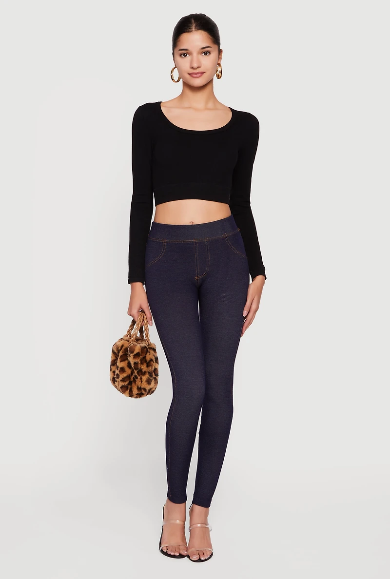 Womens Casual Fleece Lined High Waisted Jeggings, Blue, Size L-XL