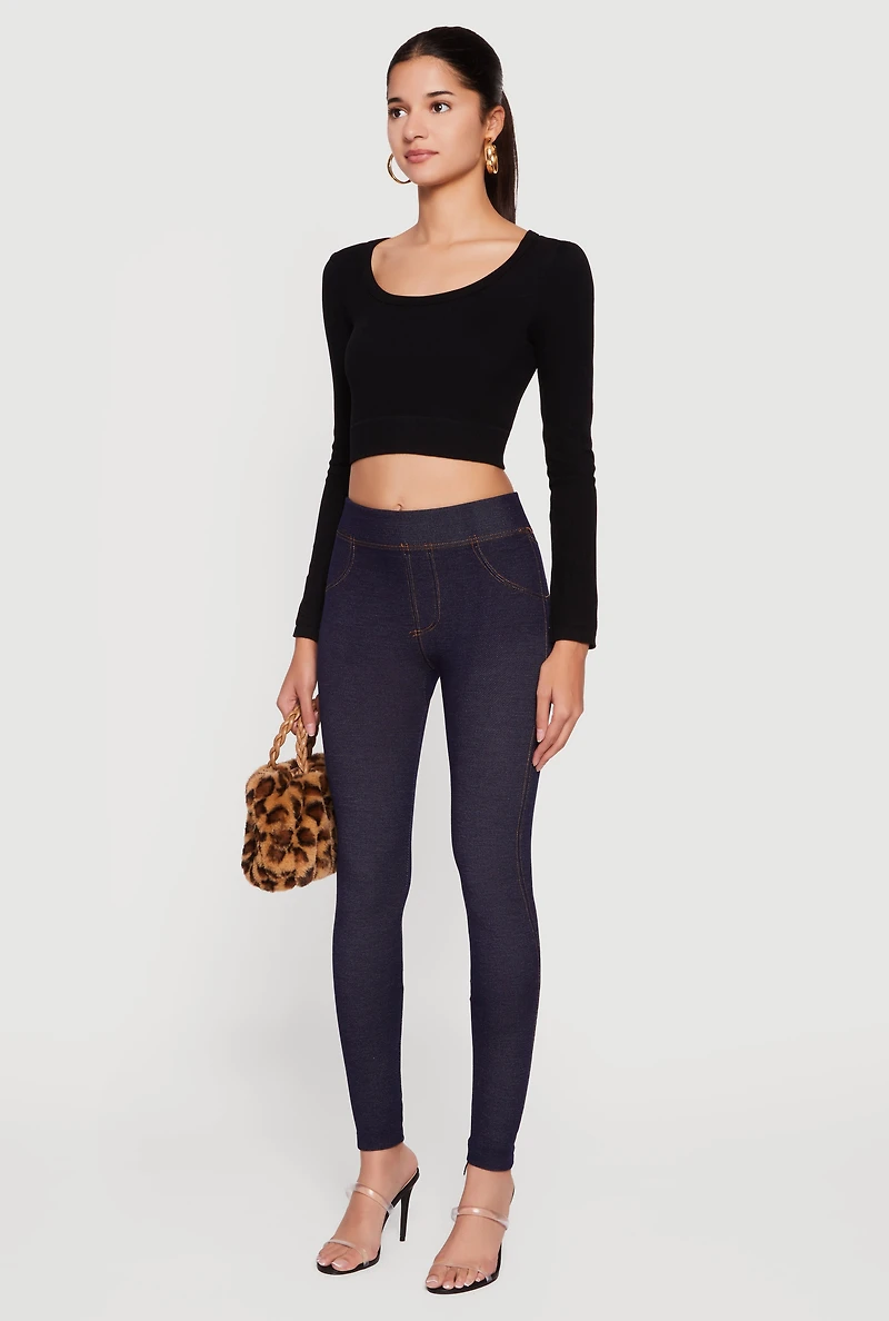 Womens Casual Fleece Lined High Waisted Jeggings, Blue, Size L-XL