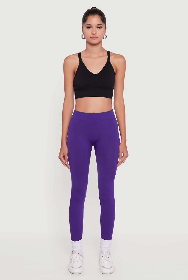 Womens High Waisted Fleece Lined Leggings, Purple, Size L-XL