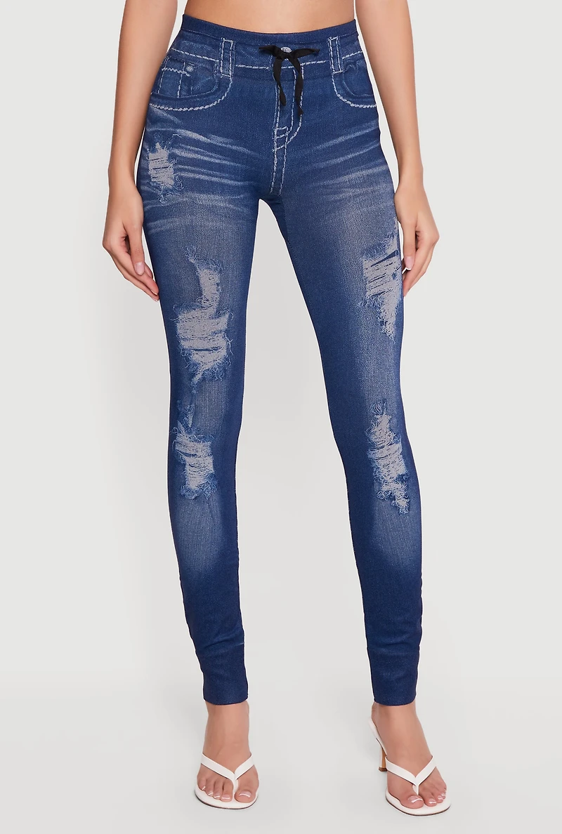High Waisted Faux Drawstring Jeggings with Booty Lift Effect