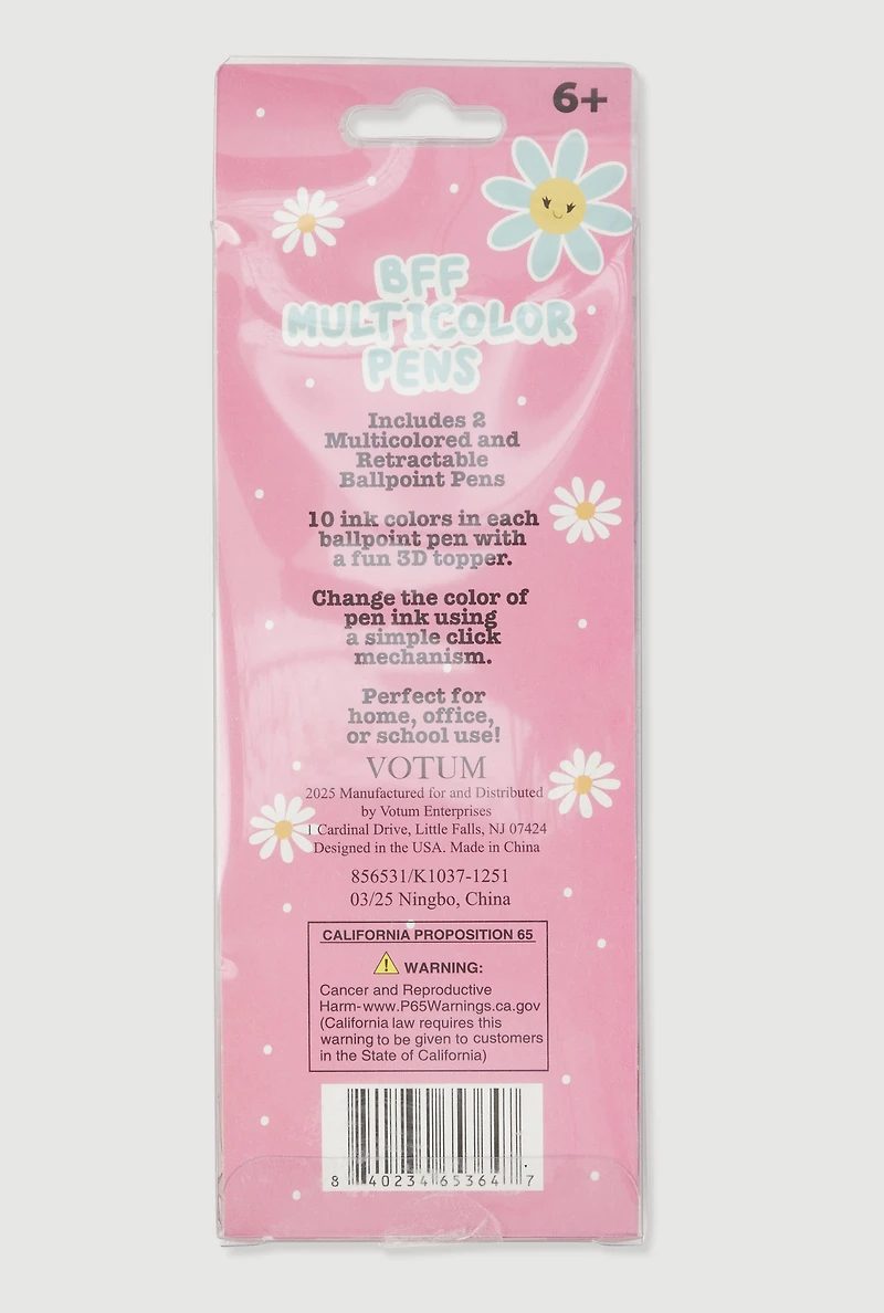 Girls 10 Retractable Multicolor Ink Daisy Pens 2 Pack