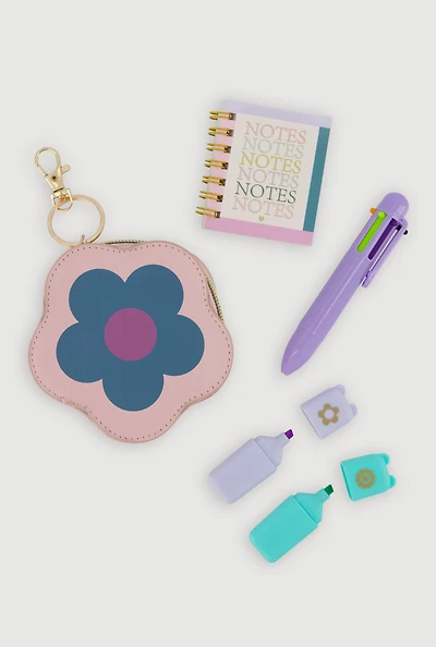 Girls Mini Floral Pouch Keychain Stationary Set, Multi
