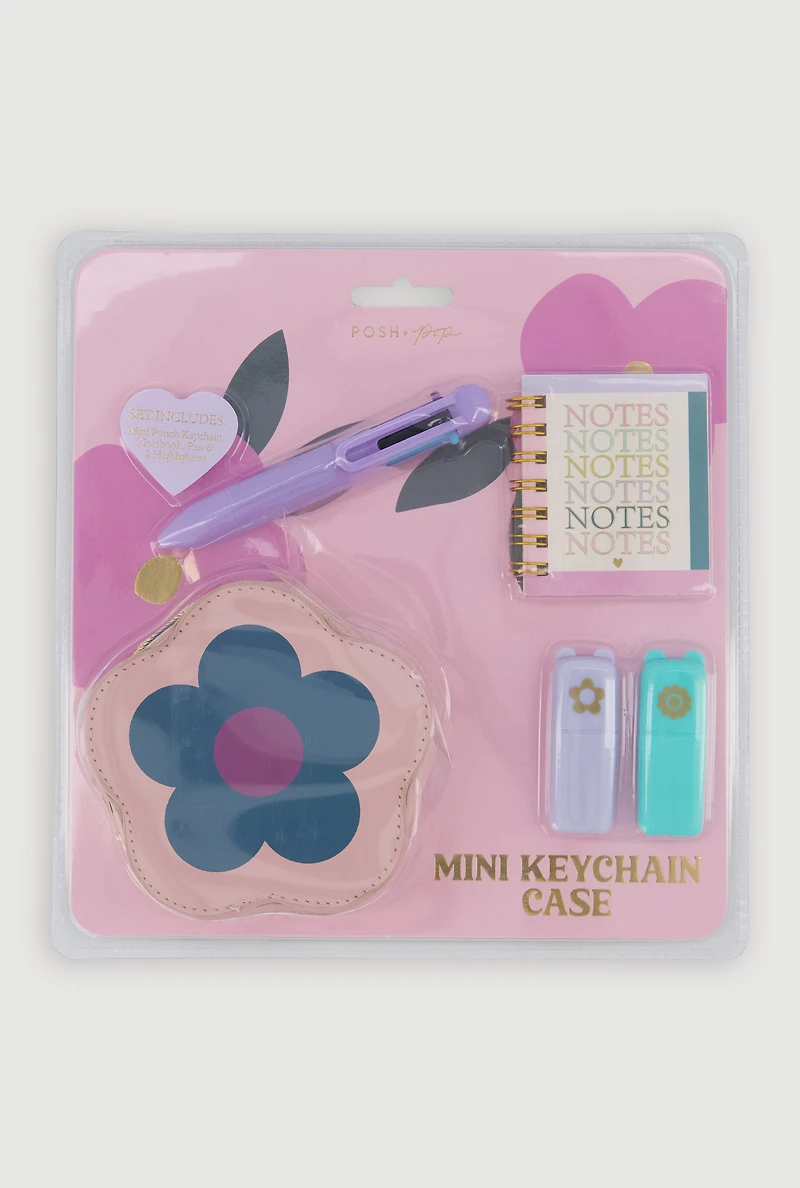 Girls Mini Floral Pouch Keychain Stationary Set, Multi