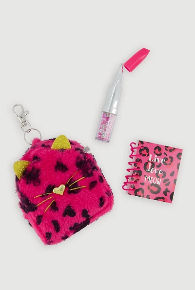 Womens Girls Mini Faux Fur Leopard Print Backpack Set, Pink