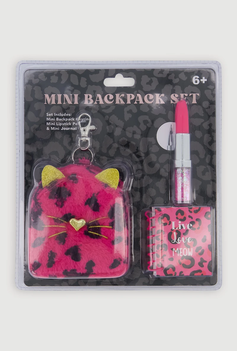 Womens Girls Mini Faux Fur Leopard Print Backpack Set, Pink