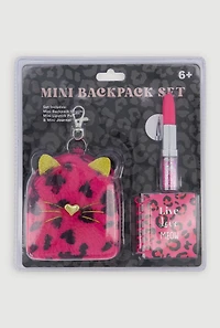Womens Girls Mini Faux Fur Leopard Print Backpack Set, Pink