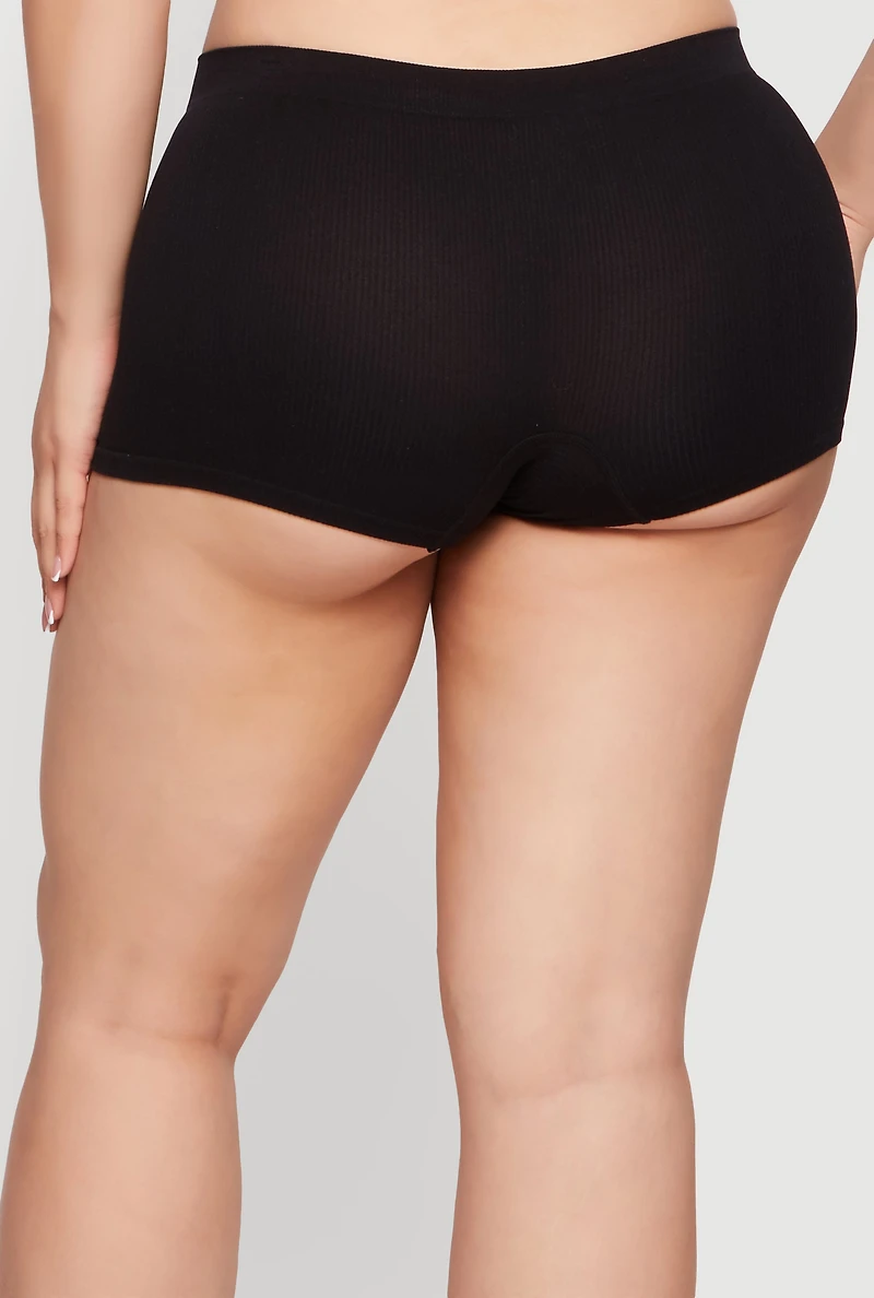 Plus High Waisted Ribbed Knit Boyshort Underwear