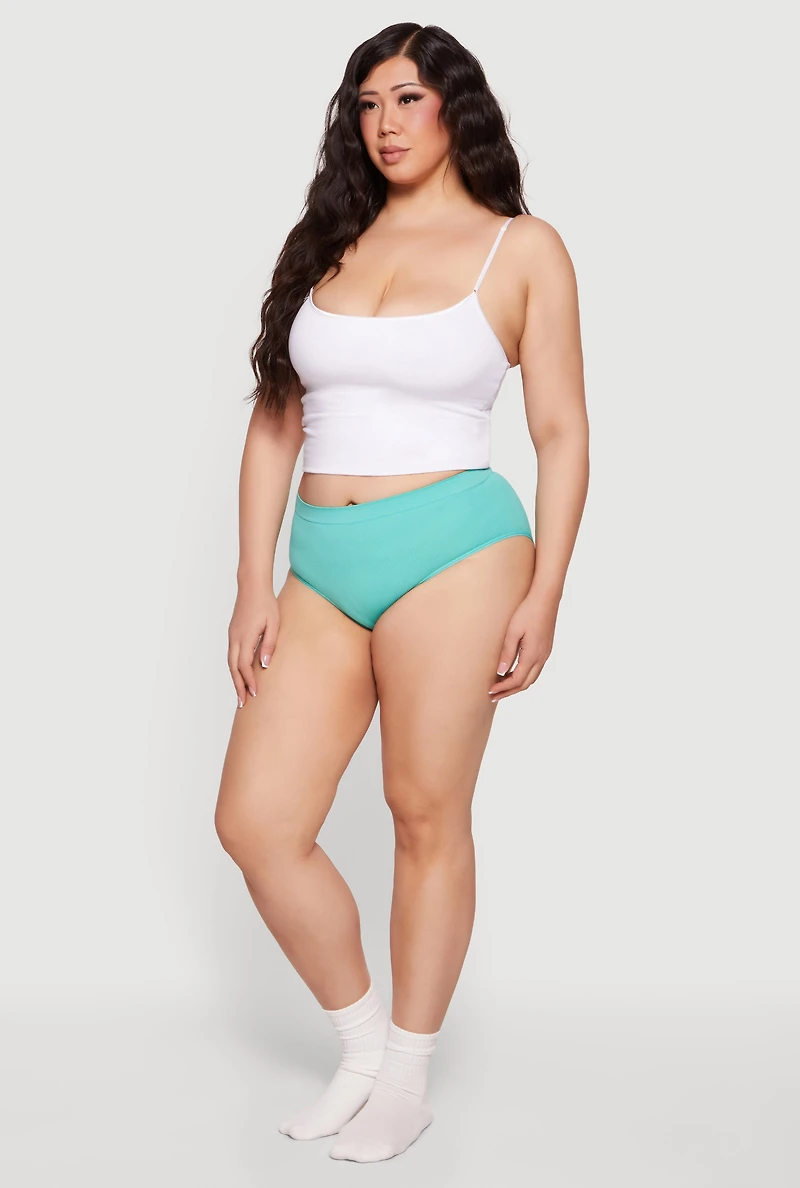 Plus Ribbed Knit High Waist Solid Bikini Panty