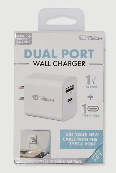 Dual Port USB and Type C Rapid Wall Charger, White