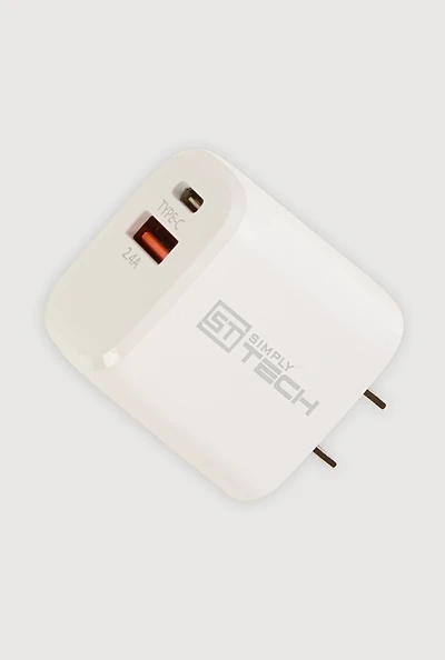 Dual Port USB and Type C Wall Charger, White